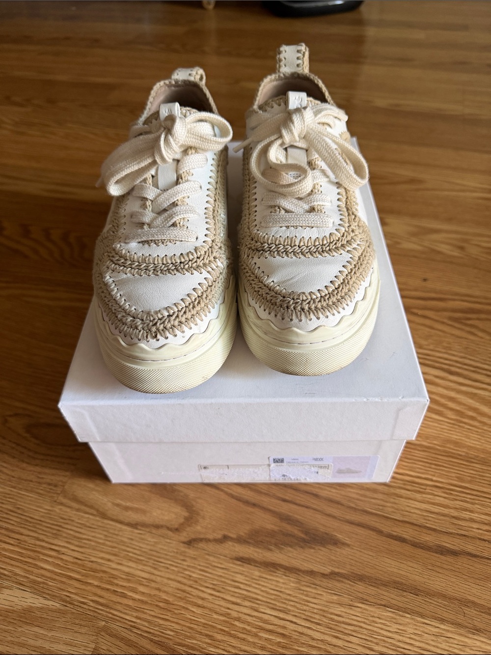 Chloe ‘Lauren’ Cream Crochet-Trim Sneakers